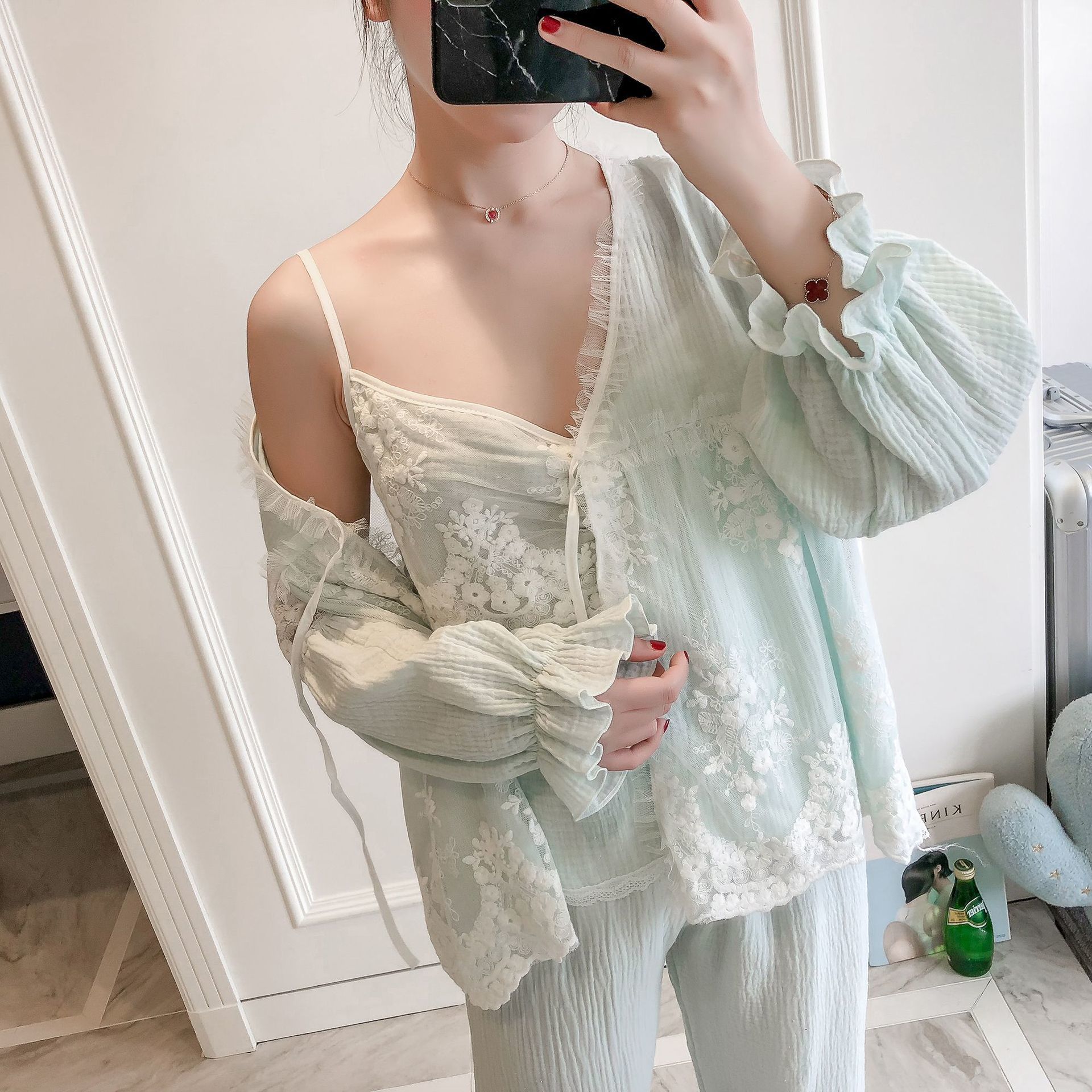 Pajamas Women Pajamas Set 3 pcs Cotton Lace Pajamas set Long sleeve Sleepwear White Pink Green Pruple 201027wtt