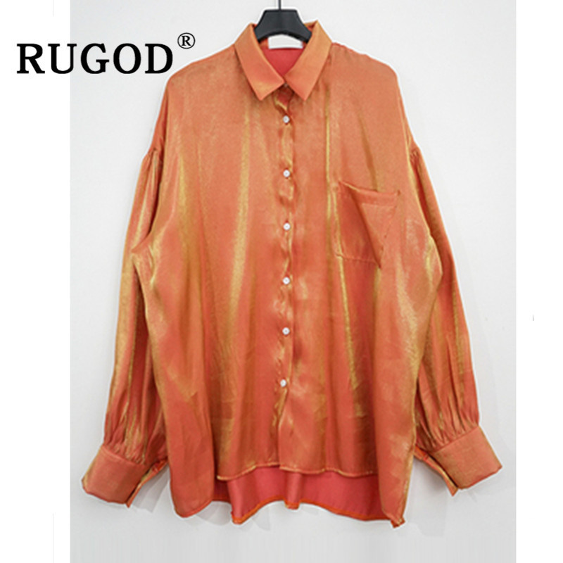 RUGOD Vintage Gradient blouse women Elegant glossy long sleeve orange shirts ladies korean chic turn-down collar blouse and tops T200321