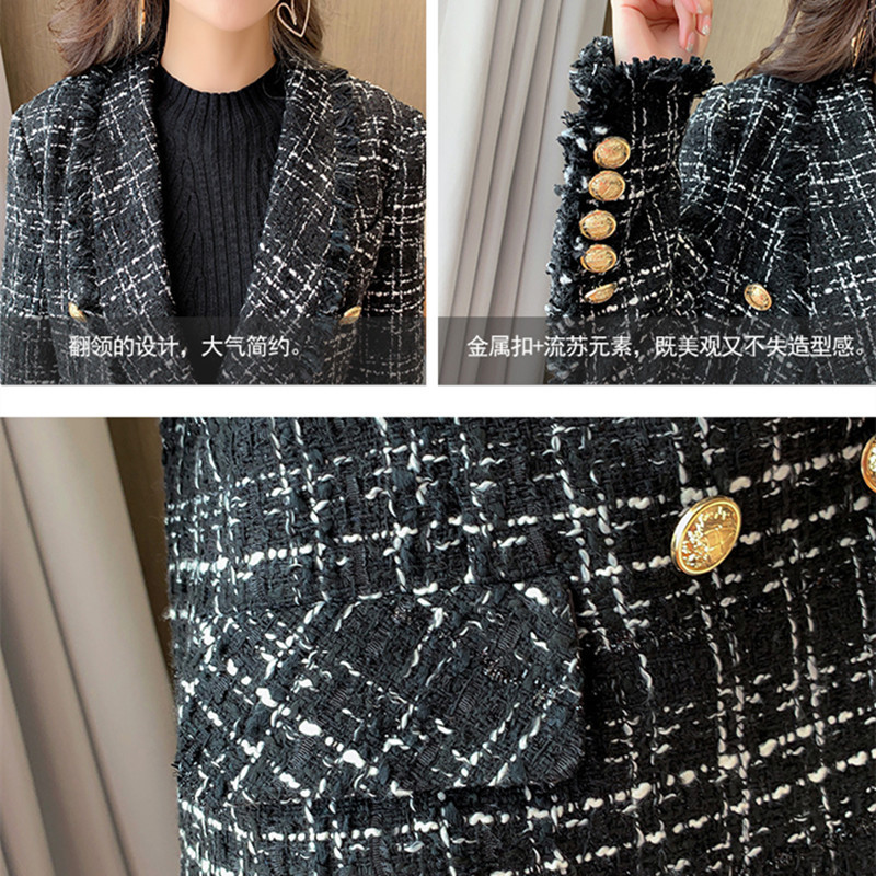 Women Black Plaid Tweed Jackets Autumn Winter Office Ladies Pockets Frayed Trims Tassels Coats Female Vintage Thick Outerwear 201019