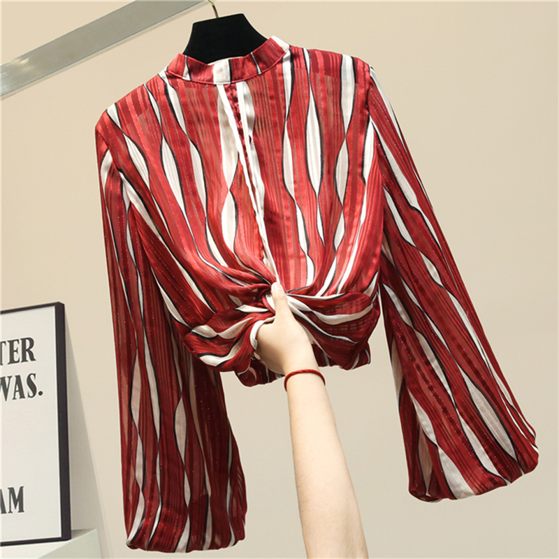 TWOTWINSTYLE Casual Striped Women Shirt Stand Collar Lantern Long Sleeve Loose Hit Color Blouse Female Fashion Clothing New 201126