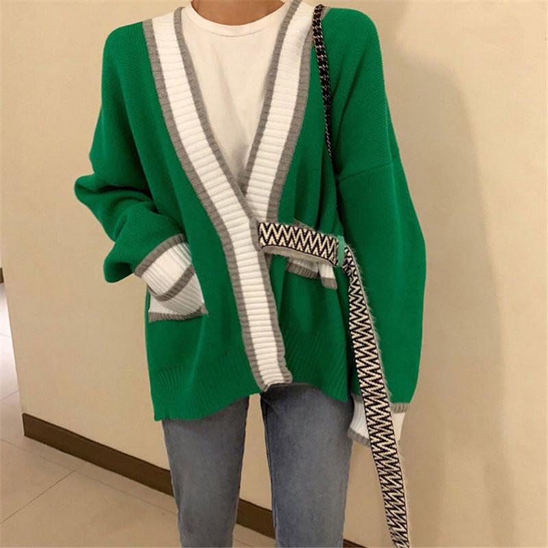Autumn Winter Sweater Women Long Sleeve Green V-Neck with Belt Loose Korean Knitted Sweater Cardigans Vintage Harajuku 2020 B137
Autumn Winter Sweater Women Long Sleeve Green V-Neck with Belt Loose Korean Knitted Sweater Cardigans Vintage Harajuku 2020 B137