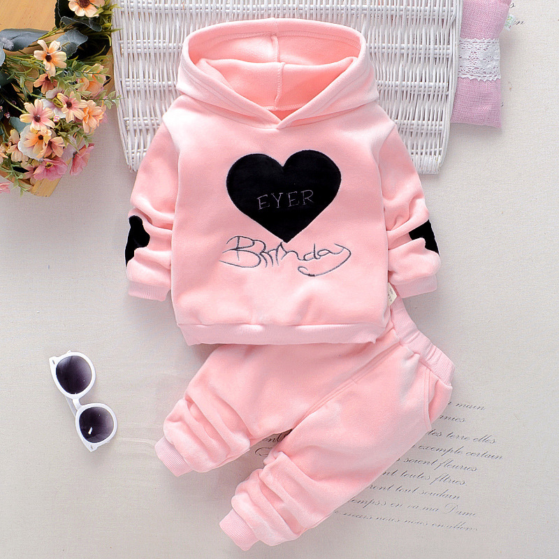 Spring Autumn Baby Girl Clothing Set Kids Tracksuit Plus velvet Hooded Printed T-shirt+Casual Pants 2PCS Children Clothes SuitX1019