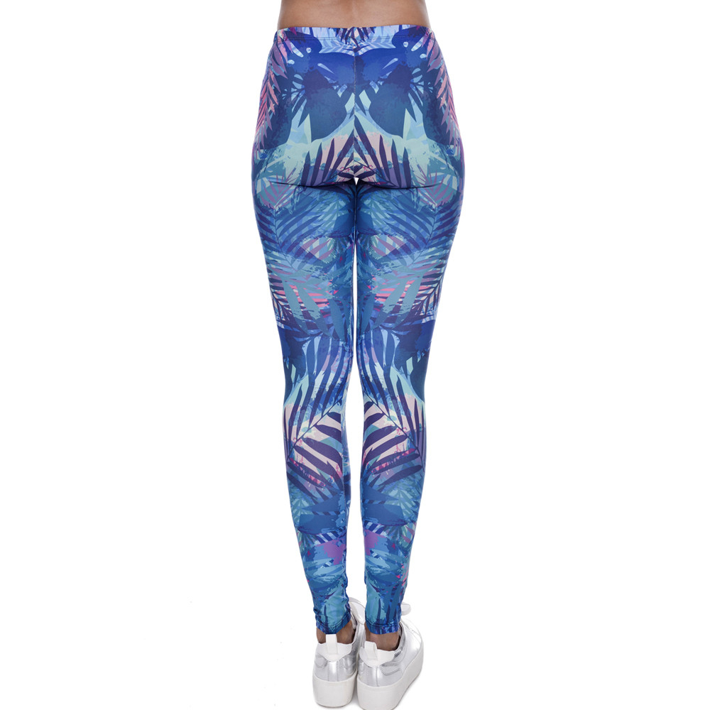 Fashion Women Leggings Tropical Leaves Printing Blue Fitness Legging Sexy Silm Legins High Waist Stretch Trouser Pants 201202