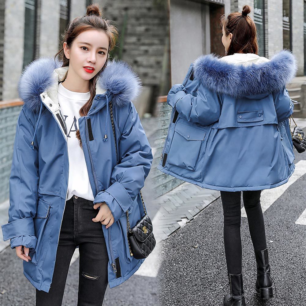 PinkyIsBlack Fashoin Thick Loose Medium Long Winter Jacket Women Casual Big Pockets Hooded Parka Coat Female Fur Collar 201019