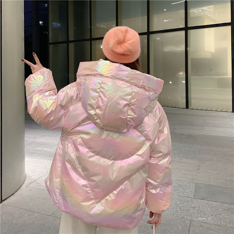 Harajuku Colorful Streetwear Glossy Winter Oversize Jacket Women Thick Padded Outwear Shiny Drawstring Jacket Cotton Parkas 200928