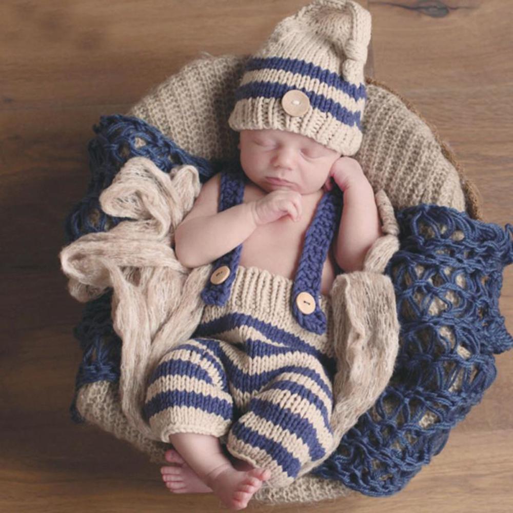 Newborn Boys Clothing Sets Baby Photography Props Crochet Costume Striped Soft Outfits Beanie Pants Wholesale Photography Props