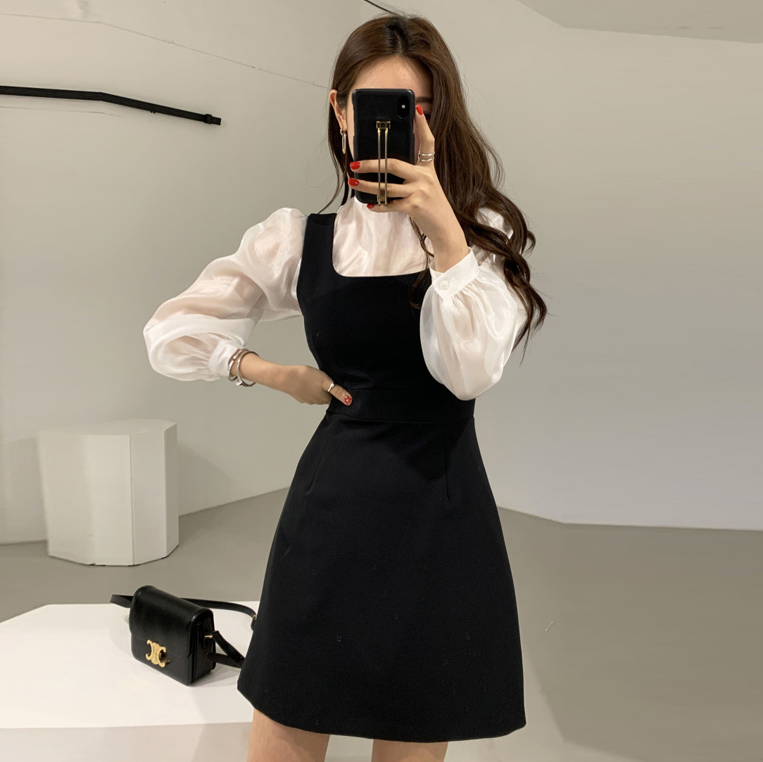 women two 2 piece set long sleeve slightly transparent blouses and high waist spaghetti strap tunic mini dress elegant suit T200325
