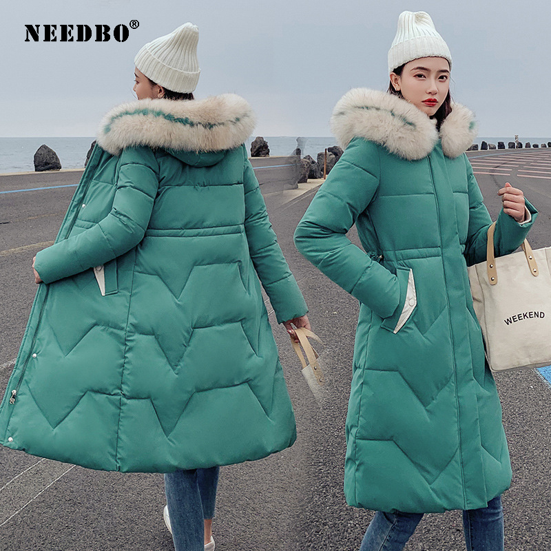 NEEDBO Winter Jacket Women Fur Collar Long Parka Casual Slim Woman Winter Coats and Puffer Jacket Padded Outwear Long Coat Women 201017