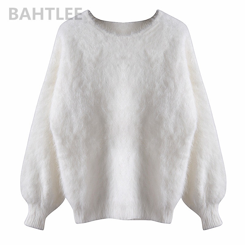 BAHTLEE Autumn Winter Women's Angora Rabbit Knitted Pullovers Sweater O-NECK Lantern Sleeve Mink Cashmere Thick Keep Warm 201023
