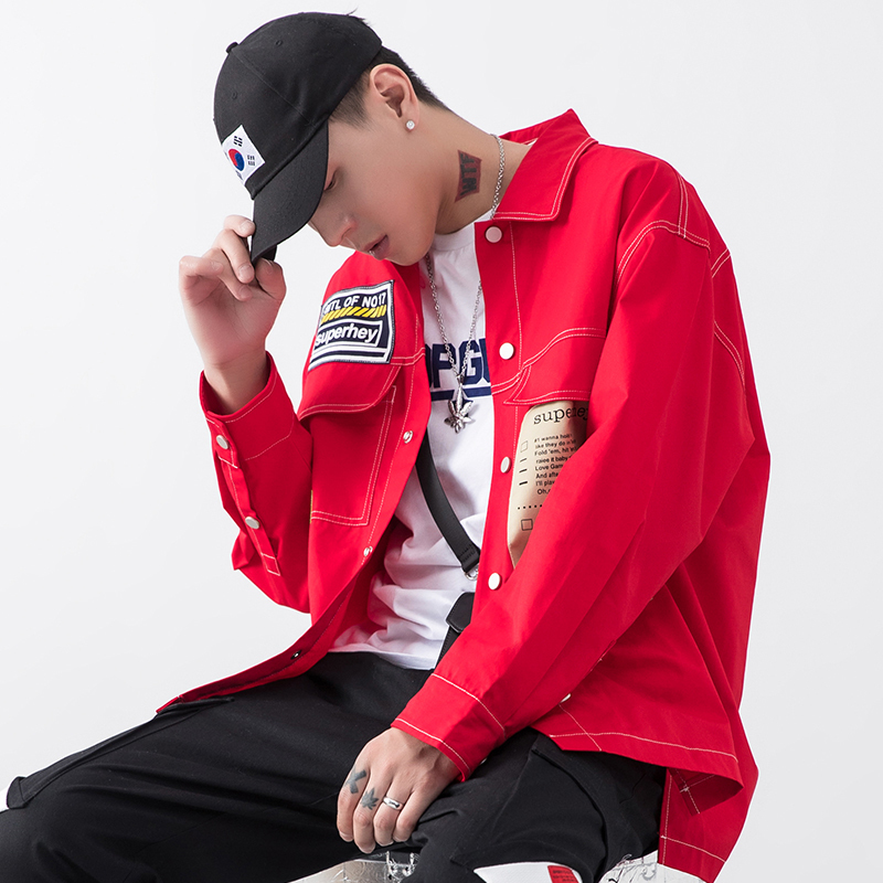2019 Autumn new casual denim longsleeved jacket male Korean version handsome Hong Chinese style windbreaker Cartoon Red Black T200502