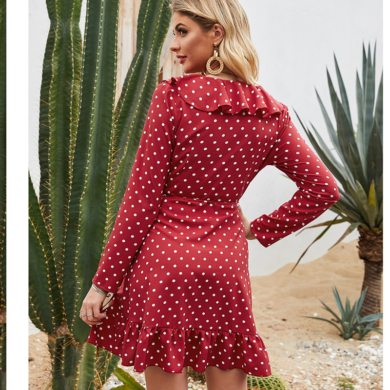 Fashion retro Polka dot long sleeve ruffled print Vneck dress womens mini dress Summer sexy beach short dress vestidos T200613