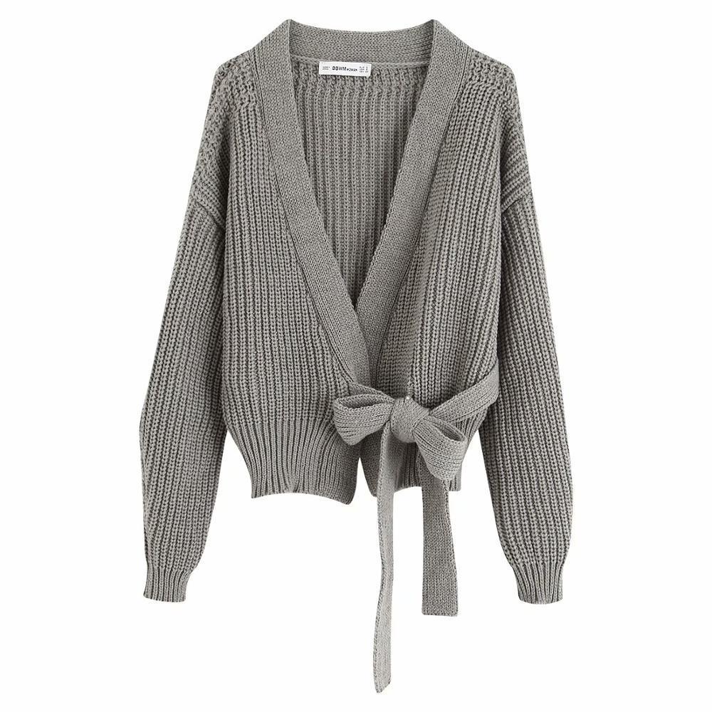 New Women Sweater Gray Beige Pink Solid Kinitted Cardigan Sashes V-Neck Sweater Casual Loose Style Female Clothes 201111wtt