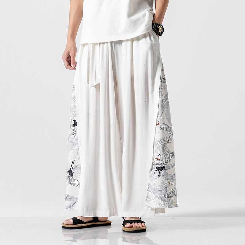 MrGoldenBowl Store Summer Chinese Style Cotton Pants Mens Patchwork Vintage Loose Pants Male Wide Leg Pants 201027