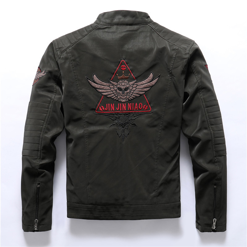 Men Fashion Pu Leather Jackets Coats Mens Autumn Back Skull Embroidery Motorcycle Faxu Leather Jackets Outwear Male Stand Collar 201224