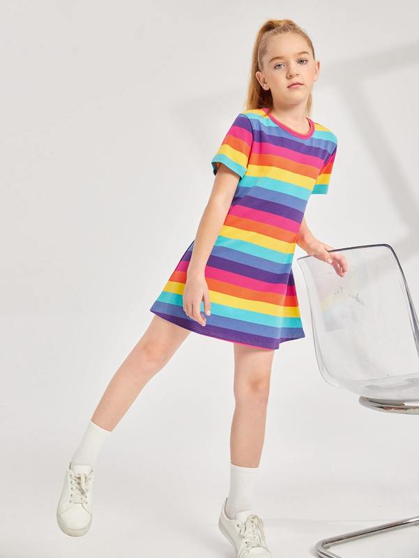 Girls Rainbow Striped Tee Dress SHE