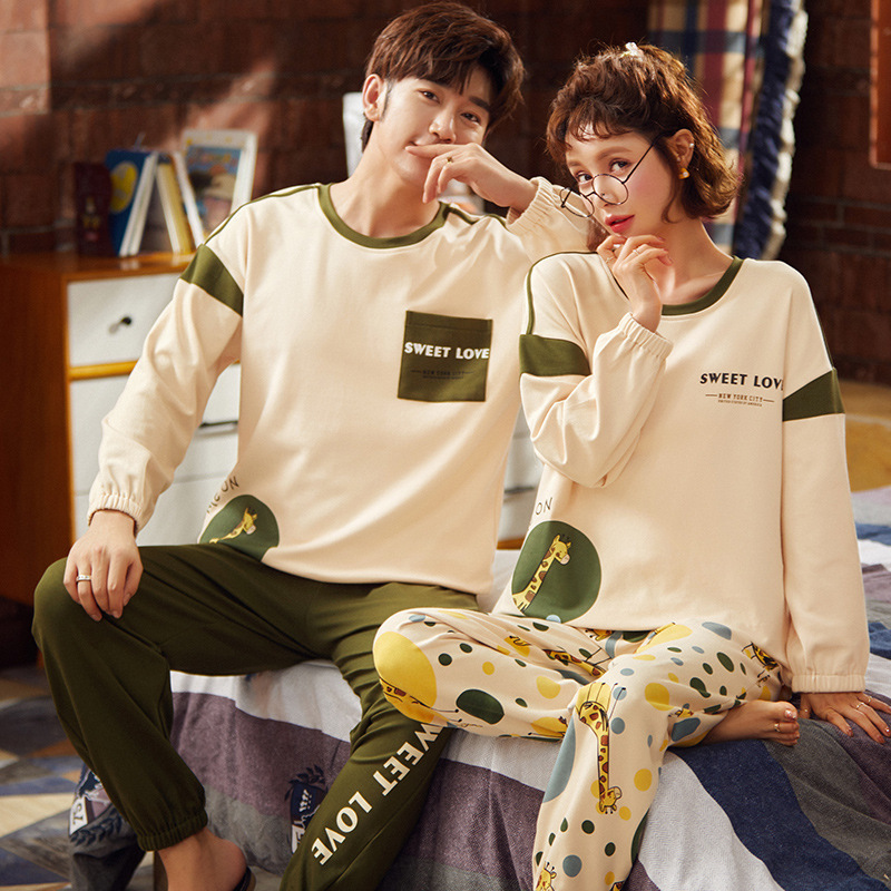 NIGHTWA Autumn Pajamas Couples Cotton Sleepwear Soft Pyjama Sets Cartoon Pattern Women Pajama Set Long Sleeve Men Lounge Pijamas 201027
