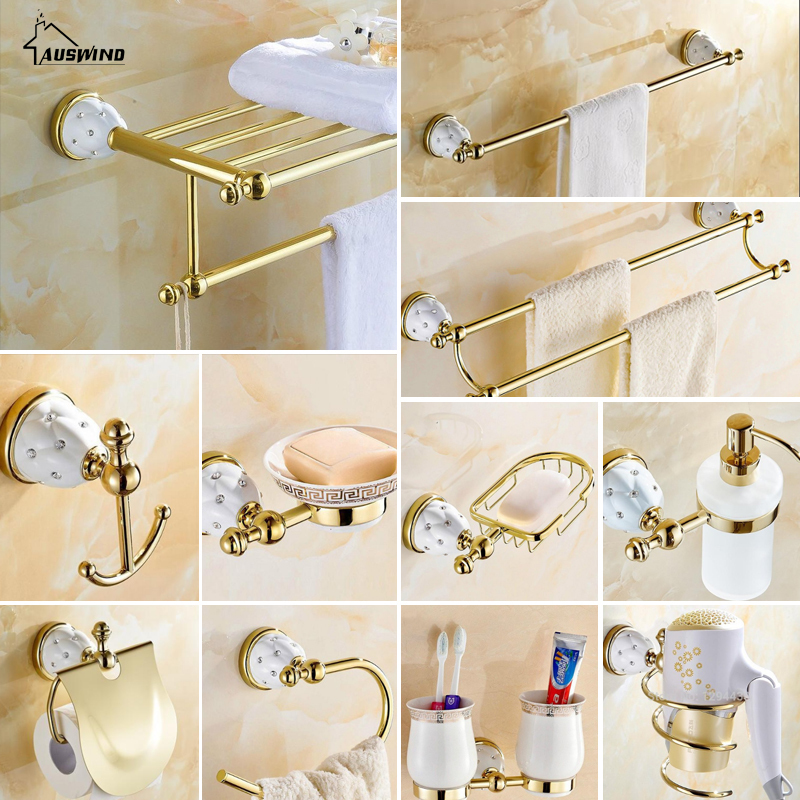 Crystal Brass gold bathroom accessories set towel rack hair dryer rack double toothbrush cup ceramic bathroom hardware suite LJ201204