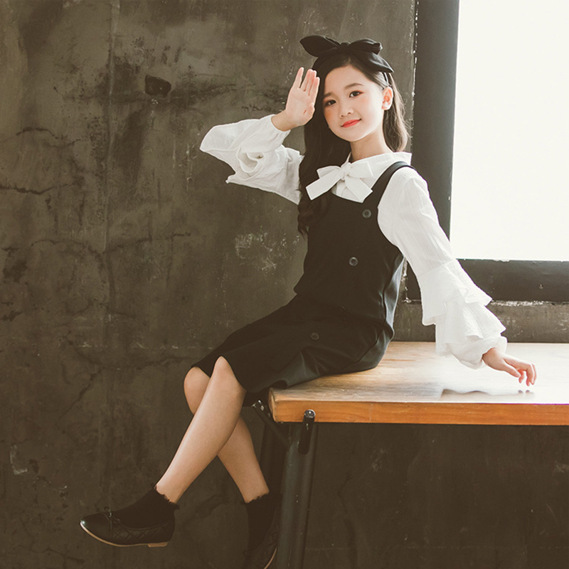 Girls Cotton Clothing Set Autumn 2020 New Kids Girks Solid Blouse and Strap Dress Set Teenage Girls Elegant Two Piece Set, #8912 Y1117