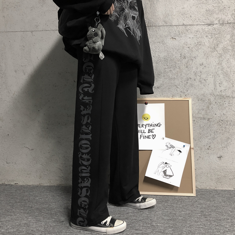 Black Casual Pants Women Men High Waist Loose Straight Wide Leg Pants Gothic Letter Print Korean Style Streetwear Trousers T200422