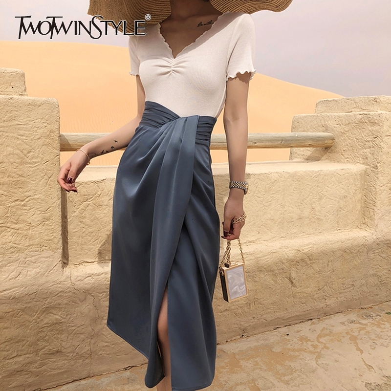 TWOTWINSTYLE Vintage Asymmetrical Side Split Skirts For Female High Waist Irregular Ruched Skirt Women Fashion Clothes Tide Y200326, Blue
TWOTWINSTYLE Vintage Asymmetrical Side Split Skirts For Female High Waist Irregular Ruched Skirt Women Fashion Clothes Tide Y200326, Blue