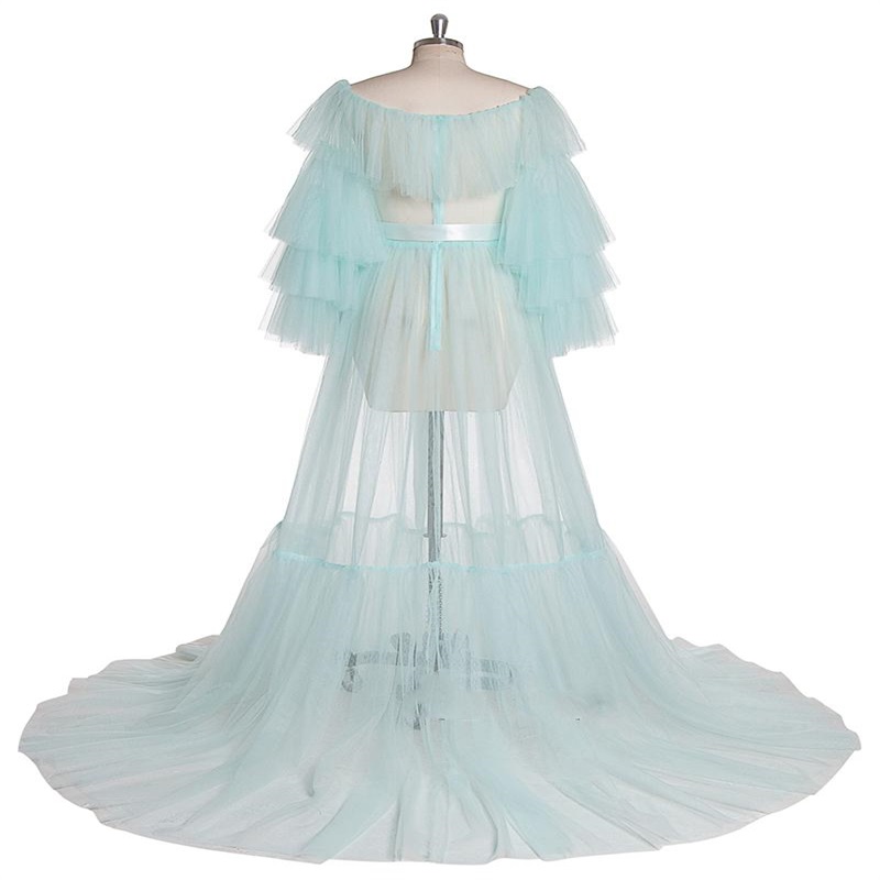 Pregnant Wedding Bathrobe Bateau Long Sleeves Tiered Tulle Sleep Wear Custom Made Pajamas Soft Wedding Robe Nightgown
