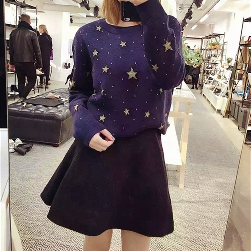Qooth Fashion Pullovers Sweater Women Stars Embroidery Women Woolen blends Full Sleeve Knitwear Jumper Female QH1903 201201