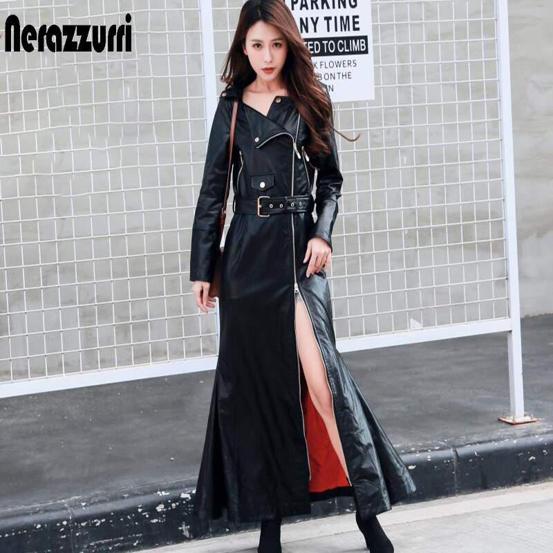 Nerazzurri maxi black faux leather coat women zipper long sleeve belt slim fit extra long plus size leather jackets fashion 201226