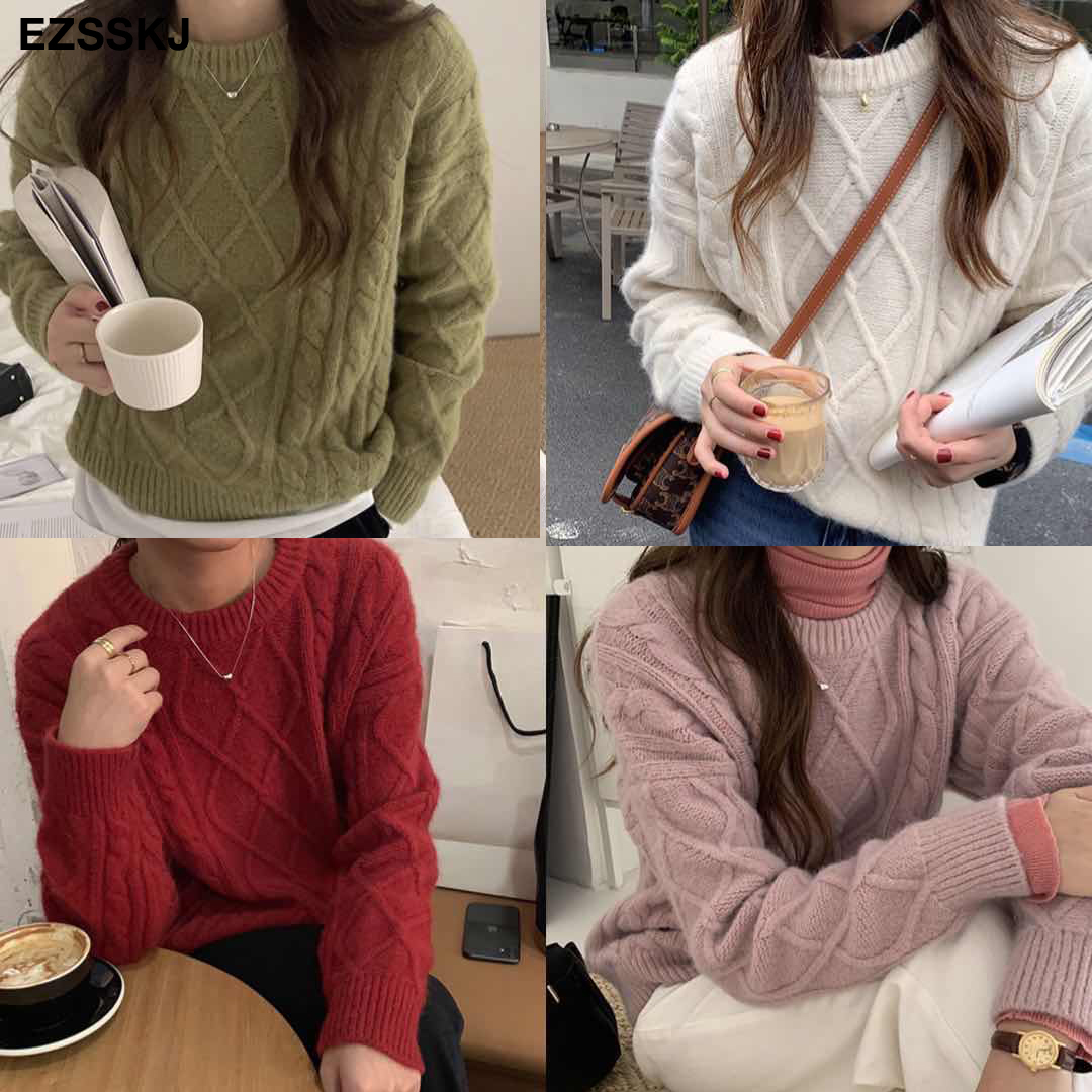 Autumn winter Mohair women's o-neck loose warm women's sweaters Twist women's jumper long sleeve thick sweater oversize female 201222