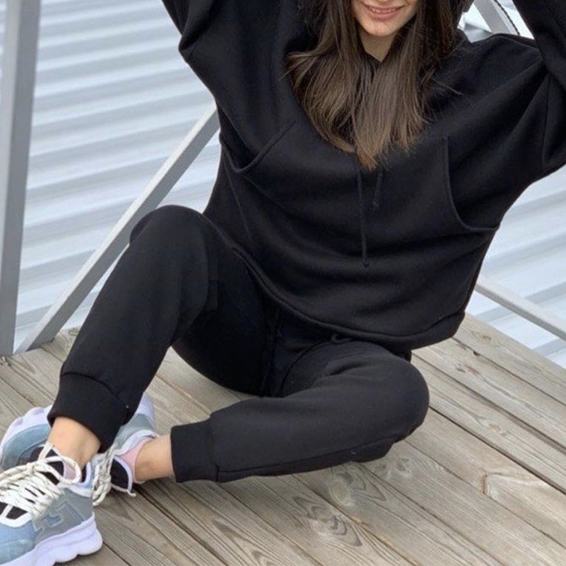 Autumn Fleece Sports Pockets Women's Suits Long Sleeve Drawstring Female Hoodies Suit Casual Tracksuit Long Pants Ladies Set 201104
