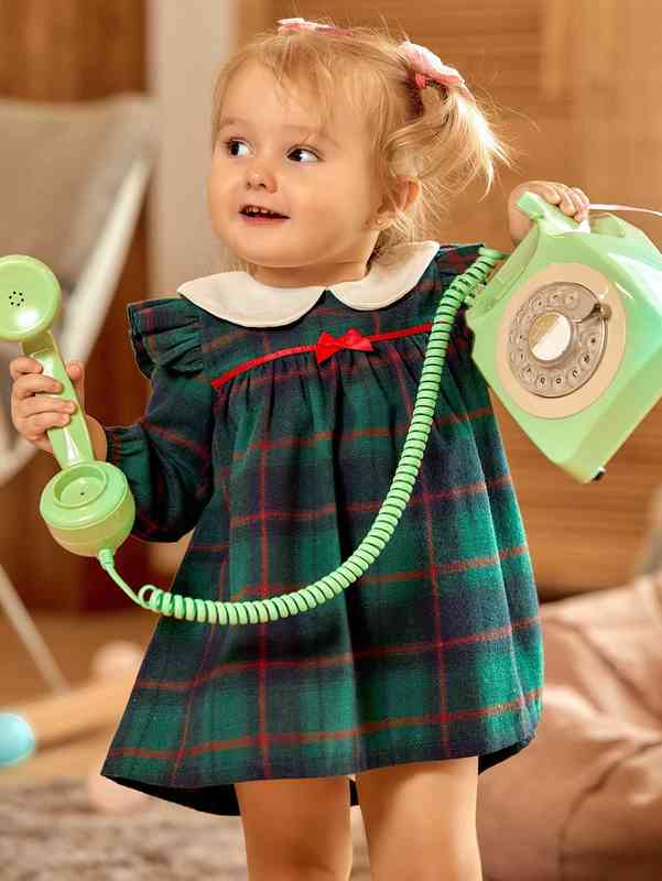 Baby Tartan Print Contrast Peter-pan Collar Ruffle Trim Dress SHE