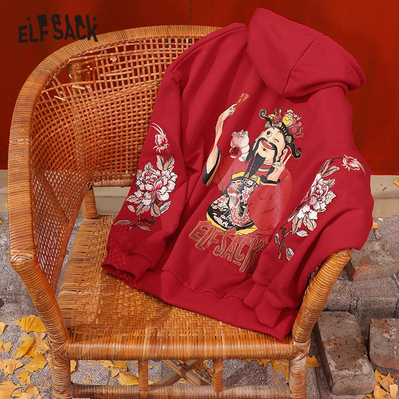 ELFSACK Red Floral Embroidery Casual Women Graphic Hoodies Spring New Letter Print Long Sleeve Female Korean Daily Tops T200723