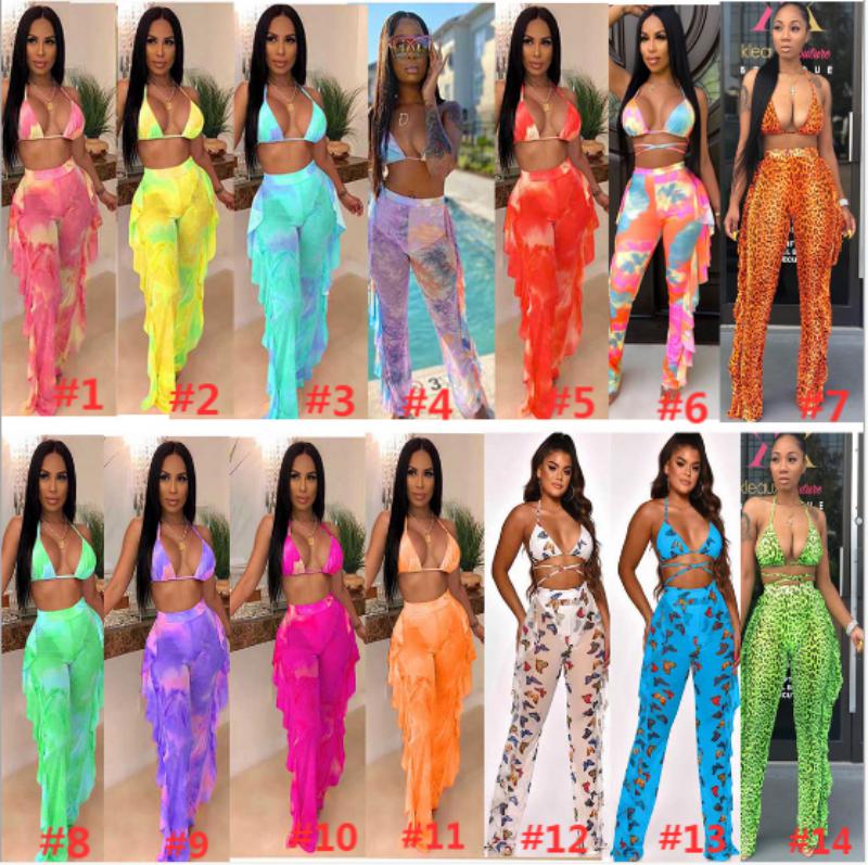 Adogirl Fluorescence Color Fashion Printed Swimsuit Mesh Two Piece Set Hollow Out Spaghetti Straps Bodysuit Swimwear
