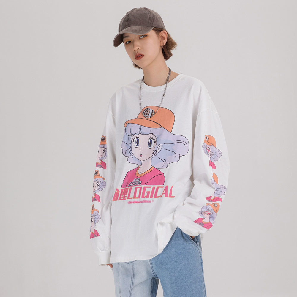 Men Women Printed Cartoon Pretty Girl T Shirt Hip Hop Oversized Streetwear Long Sleeve Harajuku Tshirt Cotton Tops Tees 201203