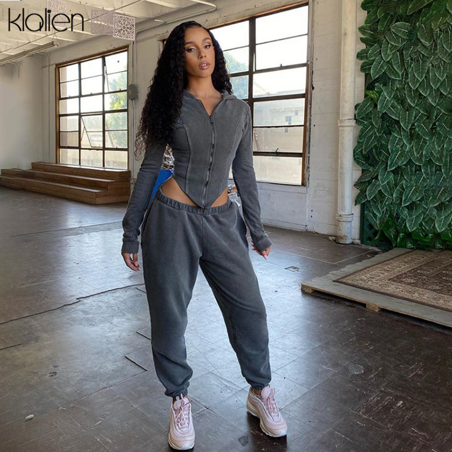 KLALIEN casual street sports style zipper hoodie and pant two piece set women tracksuit fitness female outfit high quality 201119