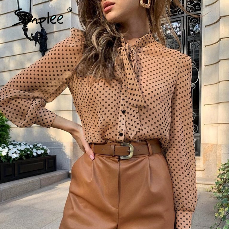 Simplee Vintage polka dot long sleeve women blouse shirt Casul spring neck tie blouse Elegant work wear loose female office top 201130