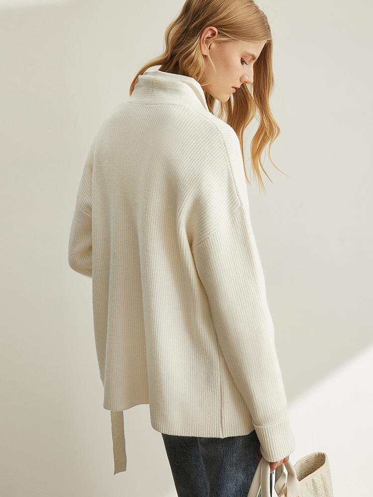 Amii women's spring pine ribbon knitting wool coat new solid full sleeves belt vneck sweater 11940411 201031