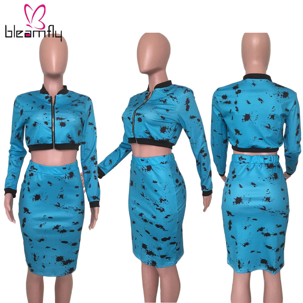 Sexy Two Piece Matching Set for Women Spring Black Yellow Print Clothes Long Sleeve Front Zipper Crop Top Midi Skirts Set T200325