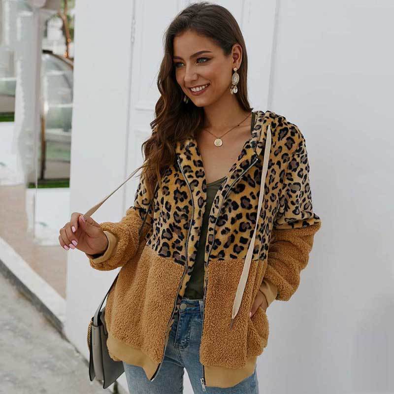 Fashion Leopard Faux Fur Coat Women Teddy Coat Female Leopard Print Plush Teddy Jacket Long Sleeve Fluffy Winter Coat Women 201019