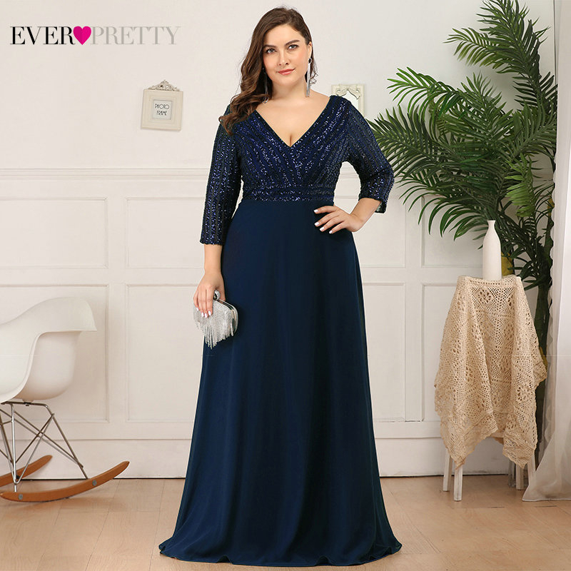 Plus Size Dark Green Evening Dresses Ever Pretty Double V-Neck 3/4 Sleeve Sequined Tulle Elegant Party Gowns Robe De Soiree 201114