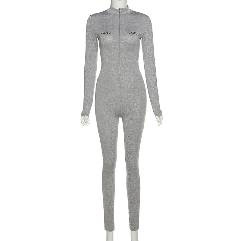Casual Sporty Letter Printed Rompers Womens Jumpsuit Long Sleeve Workout Zipper Fitness Bodycon Jumpsuits Lucky Label
