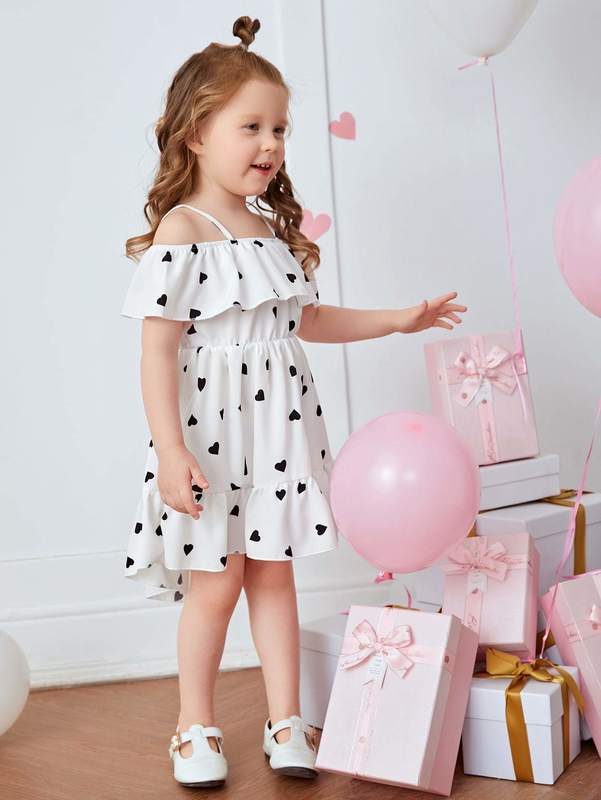 Toddler Girls Heart Print Cold Shoulder High Low Ruffle Hem Dress SHE