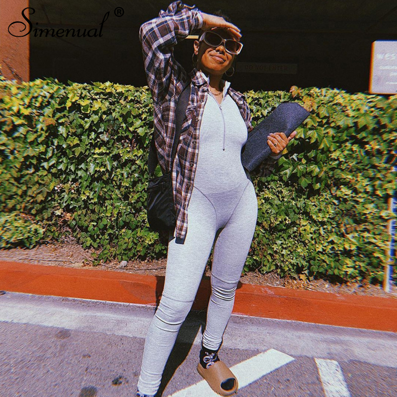 Simenual Sporty Casual Fitness Zipper Rompers Womens Jumpsuit Long Sleeve Bodycon Workout Jumpsuits Fall Fashion 201007