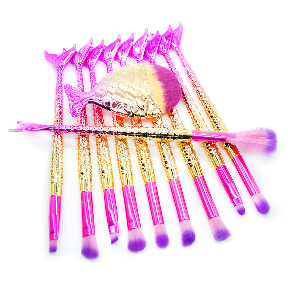 11pcs Mermaid Makeup Brushes Set Fish Tail Powder Foundation Eyebrow Eyeliner Blush Cosmetic Concealer Mermaid Brushes Juego De Pinceles De Maquillaje