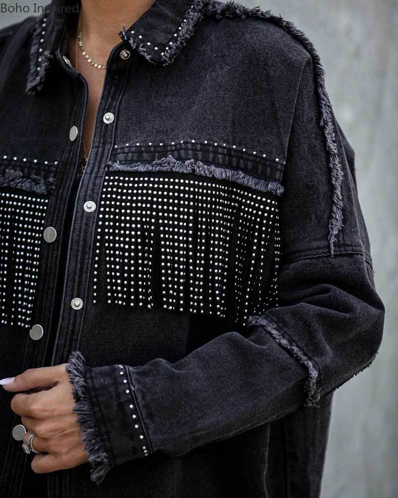 Boho Inspired Black Fringe Trim Denim Jacket for women long sleeves button cuffs fashon jacket coat women winter outwear