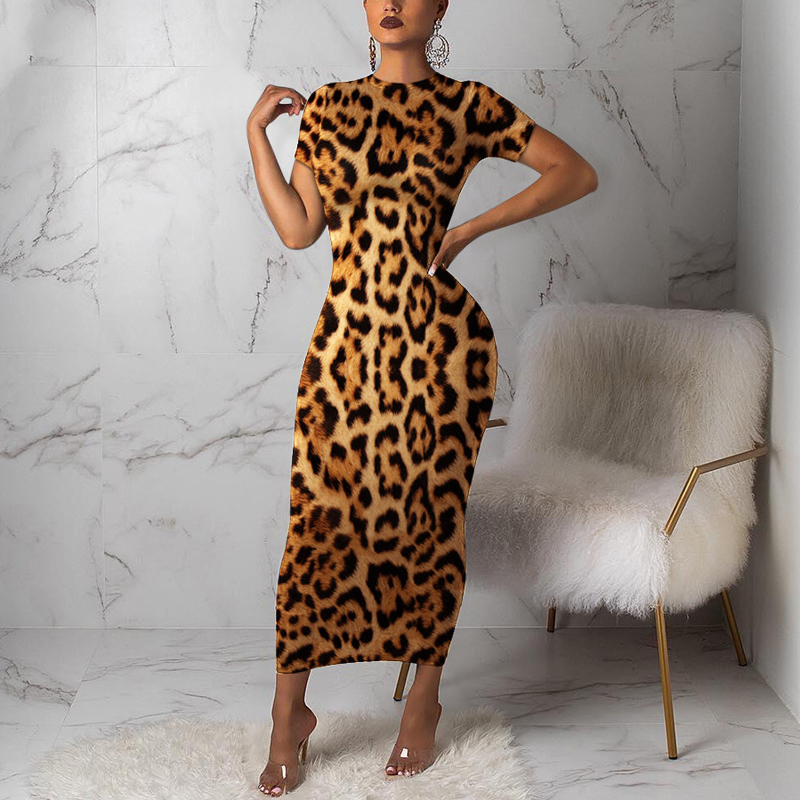Women Leopard Short Sleeve Maxi Dress Church Party Robe Tunic Vestidos Plus Size Party Night Spring Summer Bodycon Dresses T200603