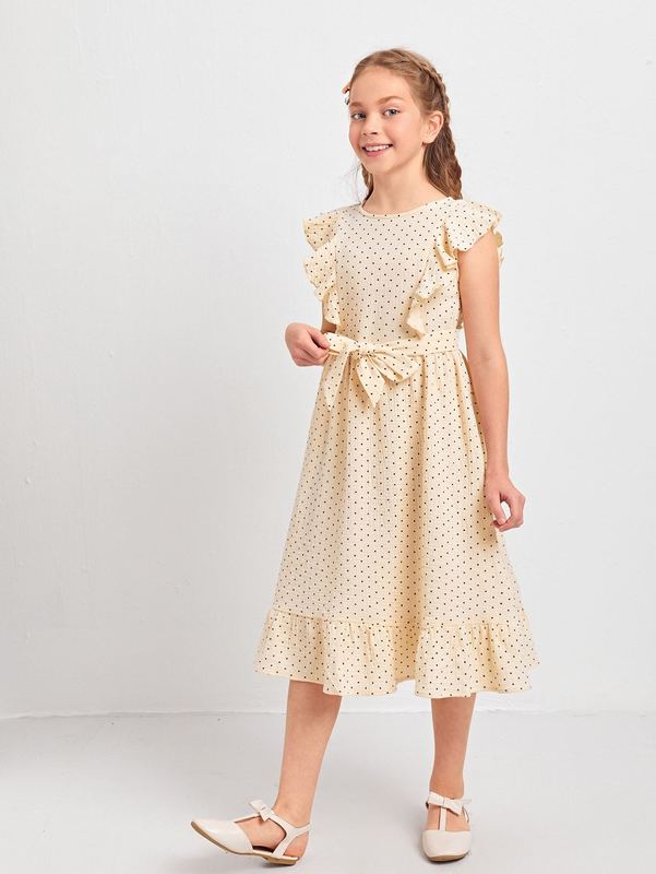 Girls Ruffle Trim Self Belted Polka Dot Dress SHE