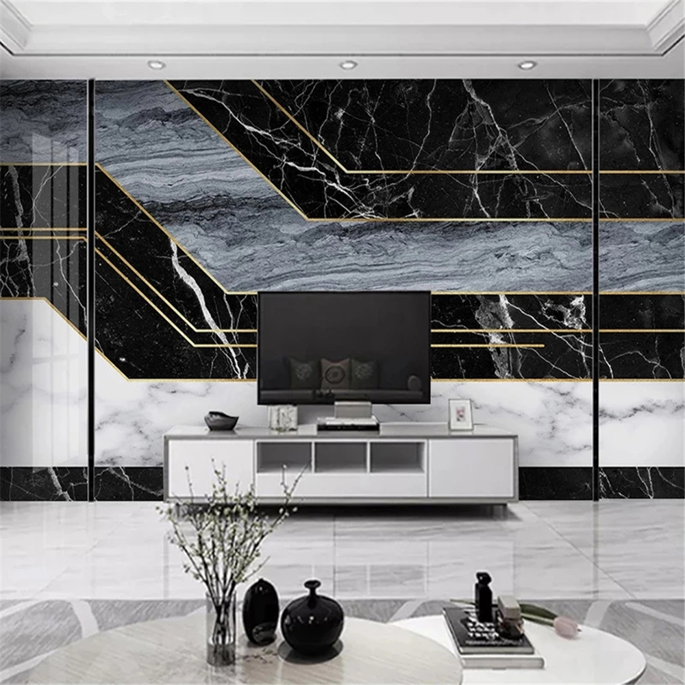 Custom Mural Modern Black White Blue 3D Striped Geometric Marble Pattern Living Room TV Background Decor Waterproof