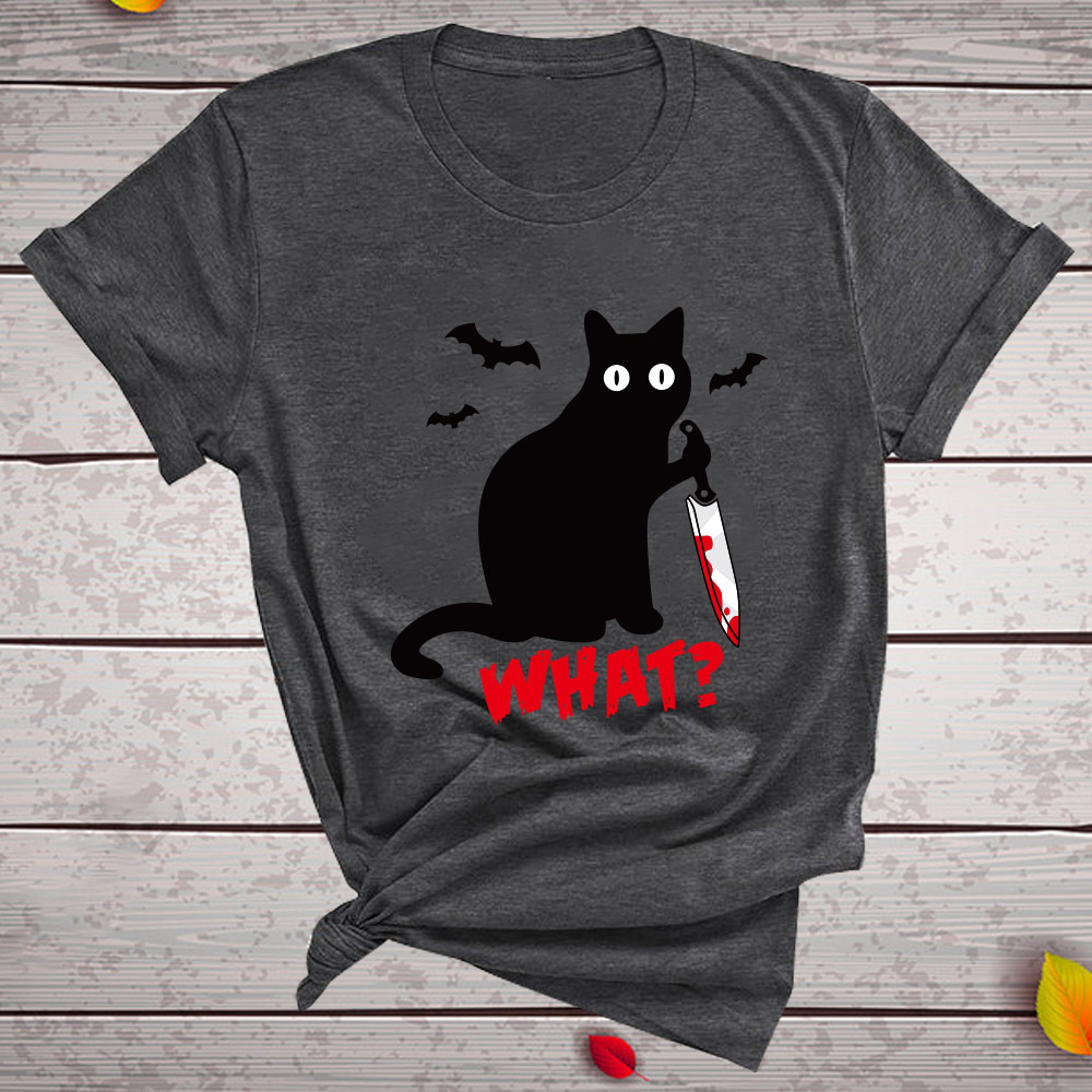 

2021 New t Shirt Short Sleeve Halloween Tops Tees Femme Camisetas Verano Mujer Black What Tshirt Murderous Cat Knife Women Funny 93lm