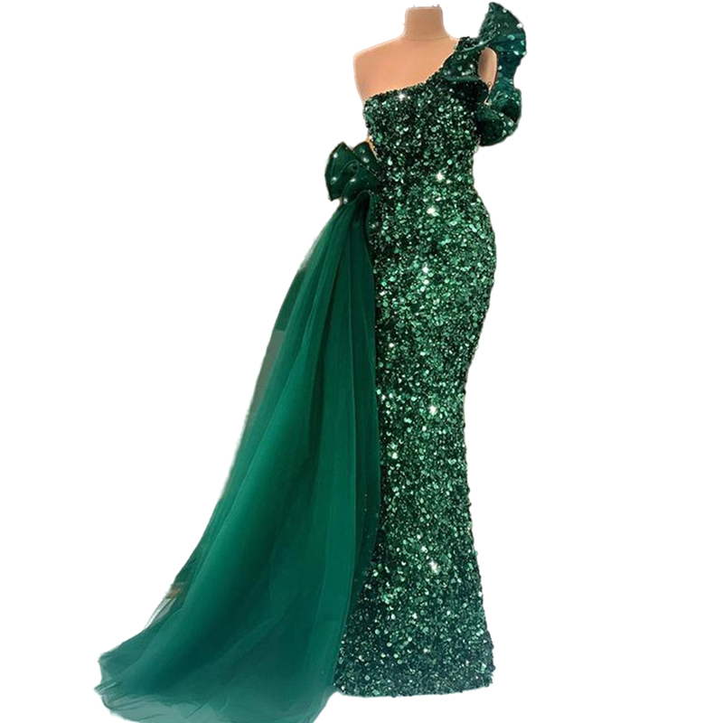 Long Sparkly Evening Dresses 2022 Mermaid One Shoulder Luxury Dark Green Sequined African Women Formal Party Gowns Peplum Ruffle Prom Dress