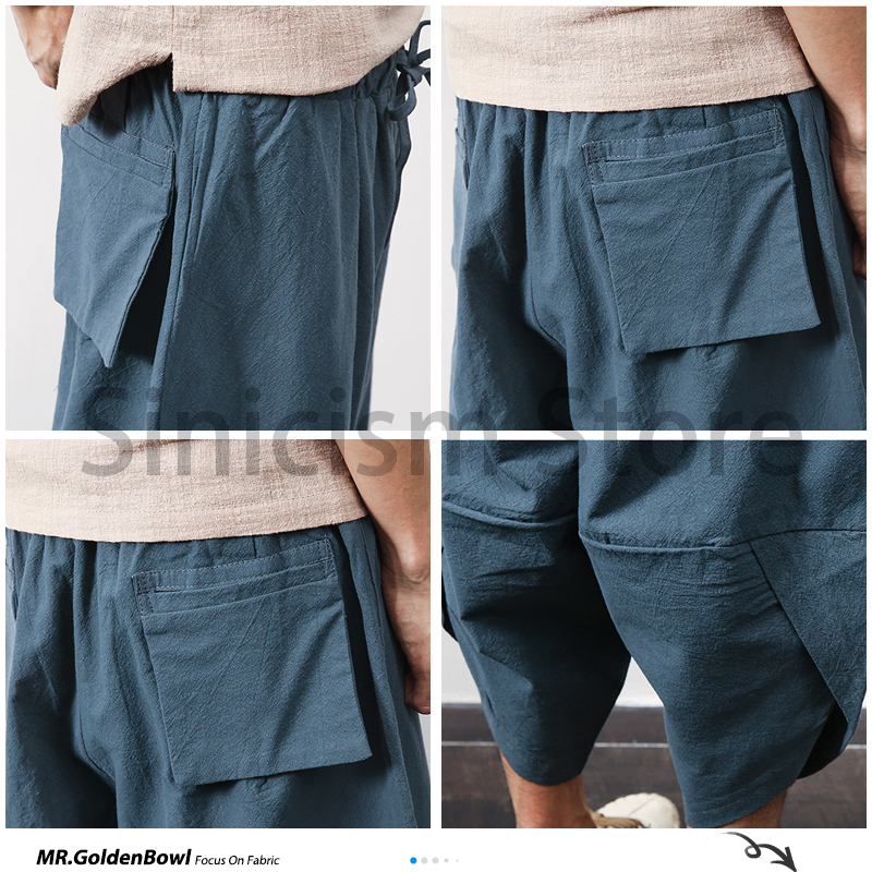 Sinicism Store Cotton Linen Mens Harem Pants Summer Male Casual Calf-Length Pants Solid Big Pocket Baggy Pants Trousers 201027
